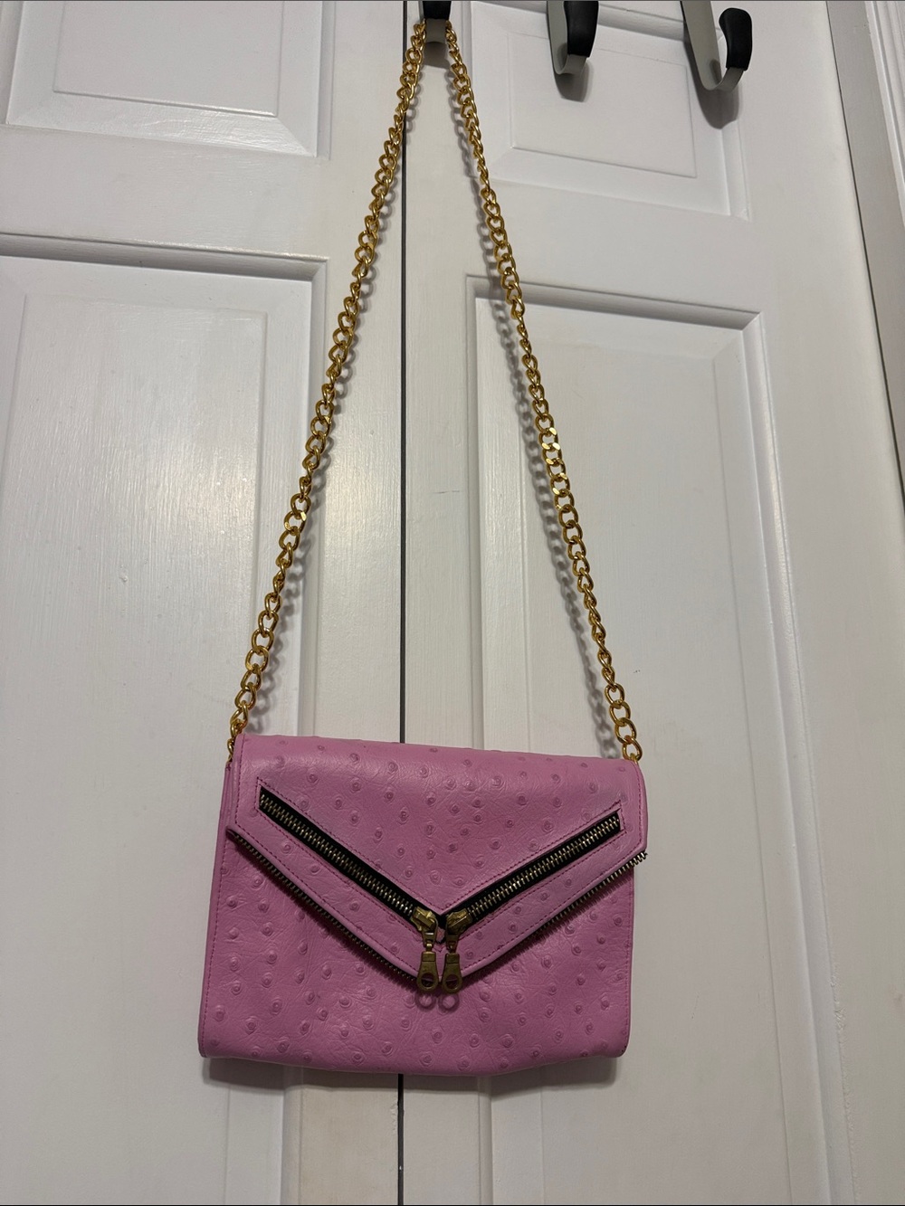 JJ Winters Pink Ostrich Leather Shay Chevron Zipper Crossbody Clutch